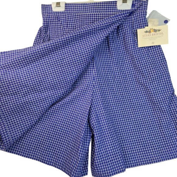 Susan Bristol 1980s Size 8 Pleated Wrap Skort Blue White Plaid Deadstock - Picture 2 of 11
